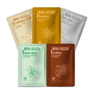 Muna Belleza Korean Face Mask Sheets pack of five: collagen, salicylic acid, aloe vera, coffee and turmeric